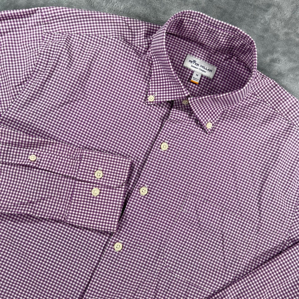 Peter Millar Summer Comfort Mens Medium Purple Gingham Button Down Shirt